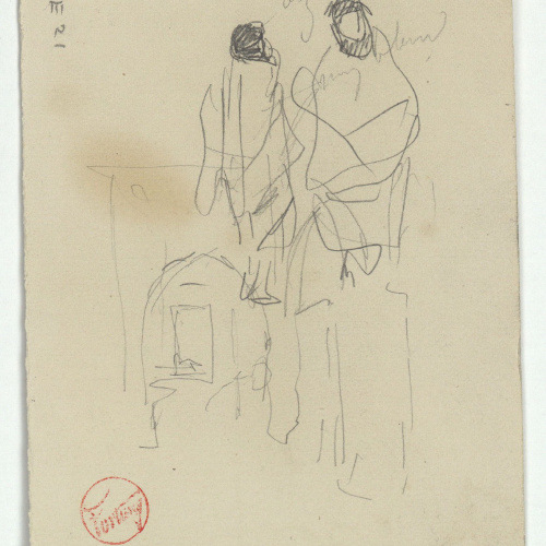 image for: Marià Fortuny - Figures i porxada (anvers) / Croquis de poblat amb figures (revers) - Cap a 1860-1862