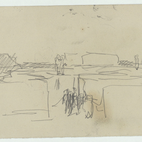 image for: Marià Fortuny - Figures i porxada (anvers) / Croquis de poblat amb figures (revers) - Cap a 1860-1862 [1]