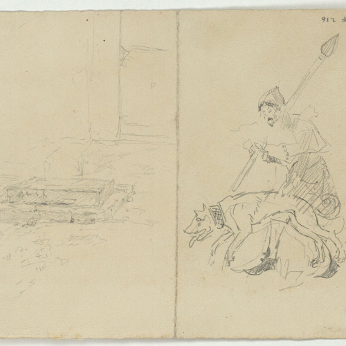 image for: Marià Fortuny - Esglaons d&#039;accés a una casa i figura amb indumentària medieval i gos (anvers) / Còpia de figures d&#039;escenes medievals de la Sala dels Reis de l&#039;Alhambra (revers) - Cap a 1867-1872