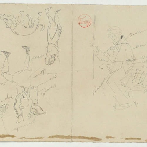 image for: Marià Fortuny - Esglaons d&#039;accés a una casa i figura amb indumentària medieval i gos (anvers) / Còpia de figures d&#039;escenes medievals de la Sala dels Reis de l&#039;Alhambra (revers) - Cap a 1867-1872 [1]