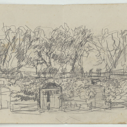 image for: Marià Fortuny - Esbós d&#039;una casa, mur i arbres (anvers) / Croquis de figures i home assegut (revers) - Cap a 1870-1874