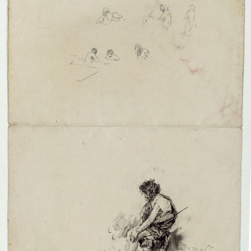 image for: Marià Fortuny - Esbós d&#039;una casa, mur i arbres (anvers) / Croquis de figures i home assegut (revers) - Cap a 1870-1874 [1]