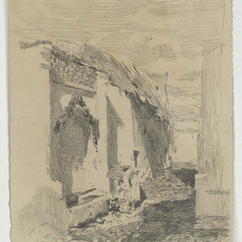 image for: Marià Fortuny - Carrer amb font (anvers) / Esbós de marroquins (revers) - Cap a 1867-1872