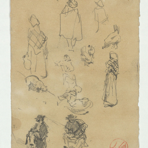 image for: Marià Fortuny - Esbós de figures (anvers) / Tàpia i arbust (revers) - Cap a 1867-1872