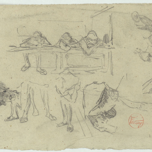 image for: Marià Fortuny - Figures recolzades en una llotja, estudi de cames, croquis de cames i croquis inconcrets - Cap a 1863-1872