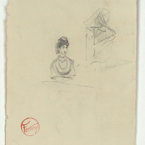 image for: Marià Fortuny - Bust femení (anvers) / Croquis de l&#039;interior d&#039;un teatre (revers) - Cap a 1862-1868