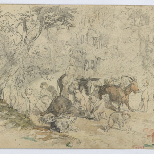 image for: Marià Fortuny - Amorets i animals al bosc (anvers) / Estudi acadèmic de figura masculina (revers) - Cap a 1860-1863