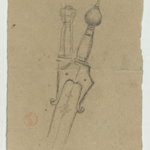 image for: Marià Fortuny - Espases d&#039;estil musulmà (anvers) / Cap masculí, sanefa i altres motius (revers) - Cap a 1863-1866