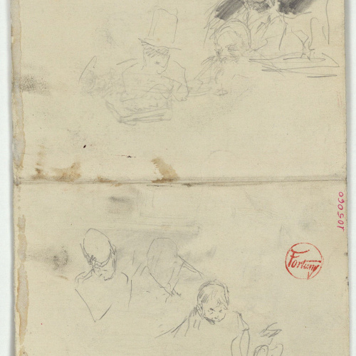 image for: Marià Fortuny - Esbós de caps masculins (anvers) / Parella i croquis inconcret (revers) - Cap a 1863-1867