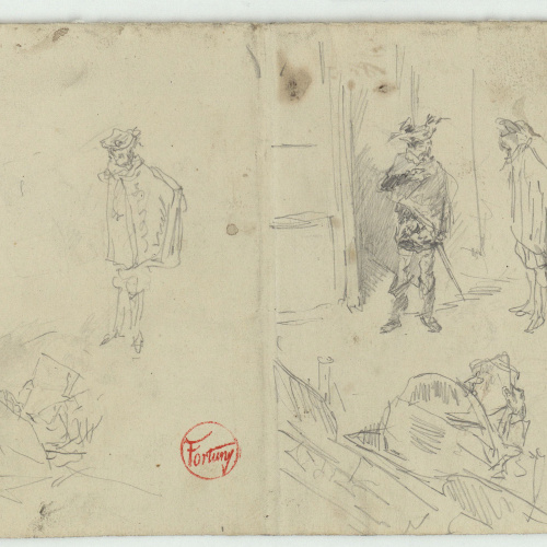 image for: Marià Fortuny - Coverol i actor, i representació teatral (anvers) / Croquis inconcrets i anotacions (revers) - Cap a 1863-1865
