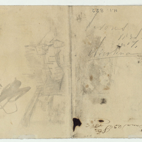 image for: Marià Fortuny - Coverol i actor, i representació teatral (anvers) / Croquis inconcrets i anotacions (revers) - Cap a 1863-1865 [1]