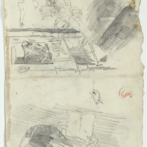 image for: Marià Fortuny - Esbós d&#039;escenari teatral i coverol (anvers) / Gerra, copa i altres esbossos (revers) - Cap a 1863-1865