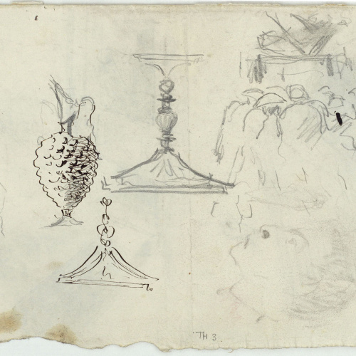 image for: Marià Fortuny - Esbós d&#039;escenari teatral i coverol (anvers) / Gerra, copa i altres esbossos (revers) - Cap a 1863-1865 [1]