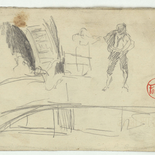 image for: Marià Fortuny - Croquis inconcret i figura masculina (anvers) / Músics (revers) - Cap a 1863-1867