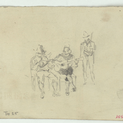 image for: Marià Fortuny - Croquis inconcret i figura masculina (anvers) / Músics (revers) - Cap a 1863-1867 [1]