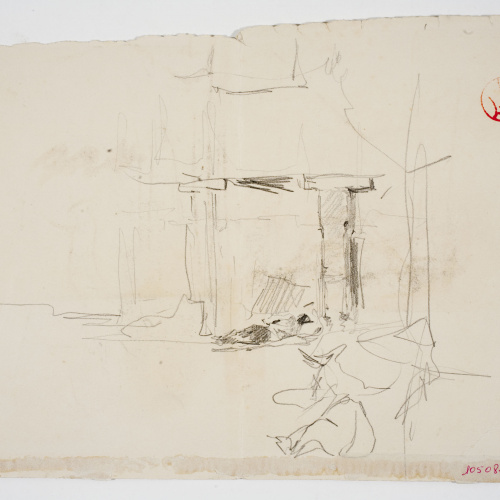 image for: Marià Fortuny - Esbós d&#039;estructura arquitectònica amb figura (anvers) / Escribans (revers) - Cap a 1865-1868