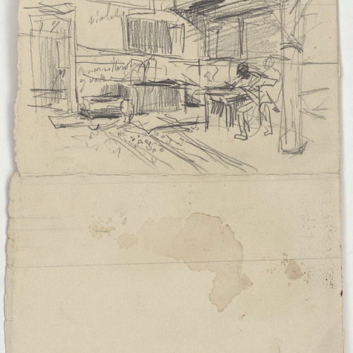 image for: Marià Fortuny - Esbós d&#039;estructura arquitectònica amb figura (anvers) / Escribans (revers) - Cap a 1865-1868 [1]