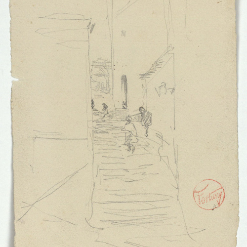 image for: Marià Fortuny - Carrer amb figures (anvers) / Croquis de figures (revers) - Cap a 1870-1872