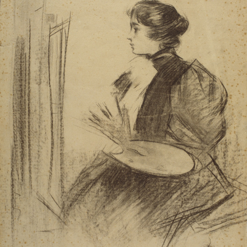 image for: Ramon Casas - Femme peintre. Estudi per al cartell «Dr. Fr. Schoenfeld &amp; Cº» - Cap a 1893
