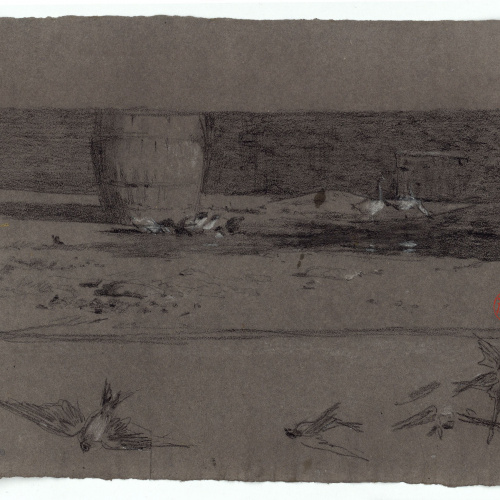 image for: Marià Fortuny - Ocells i ànecs en un corral i estudi d&#039;orenetes (anvers) / Homes amb casaques (revers) - Cap a 1870-1872