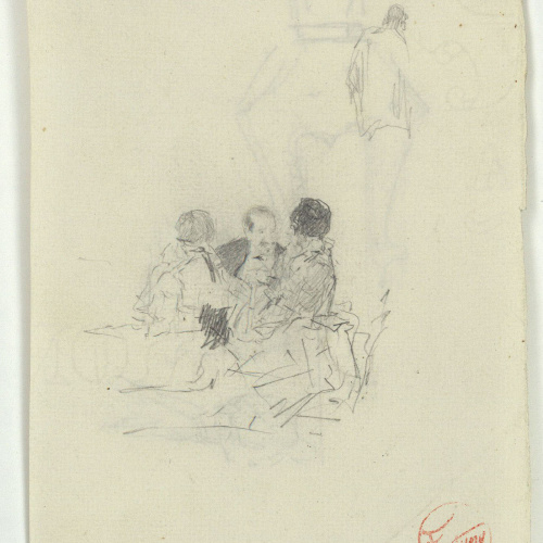 image for: Marià Fortuny - Figures assegudes (anvers) / Part superior d&#039;una espasa i croquis de figures (revers) - Cap a 1867-1872