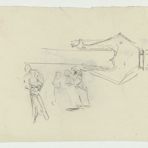 image for: Marià Fortuny - Figures assegudes (anvers) / Part superior d&#039;una espasa i croquis de figures (revers) - Cap a 1867-1872 [1]