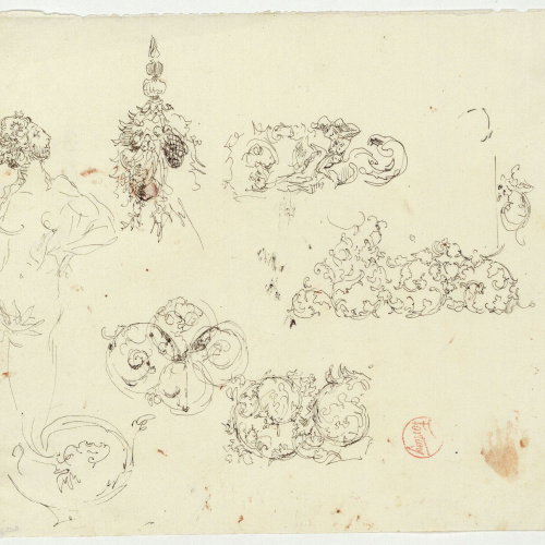 image for: Marià Fortuny - Esbós de figura i sanefes amb motius florals - Cap a 1867-1870