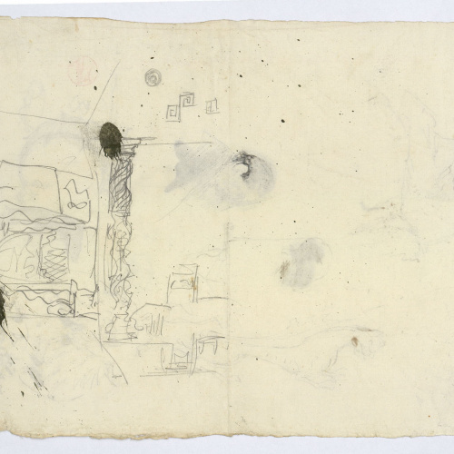 image for: Marià Fortuny - Animals heràldics i caps d&#039;home (anvers) / Croquis d&#039;estructura arquitectònica i columna salomònica (revers) - Cap a 1870-1872 [1]