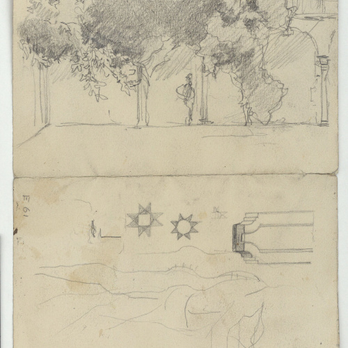 image for: Marià Fortuny - Esbós d&#039;un passeig (anvers) / Porxada i motius geomètrics (revers) - Cap a 1867-1872 [1]