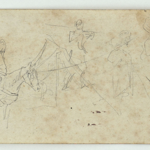 image for: Marià Fortuny - Croquis de marroquí a cavall i altres figures (anvers) / Croquis de dos genets marroquins a cavall i una figura asseguda (revers) - Cap a 1860-1862