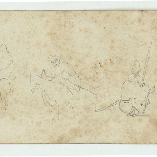 image for: Marià Fortuny - Croquis de marroquí a cavall i altres figures (anvers) / Croquis de dos genets marroquins a cavall i una figura asseguda (revers) - Cap a 1860-1862 [1]