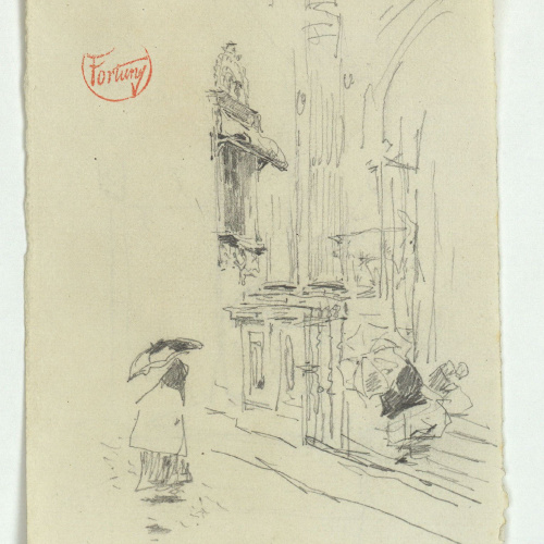 image for: Marià Fortuny - Façana d&#039;església en dia de pluja (anvers) / Entrada amb figura (revers) - Cap a 1868
