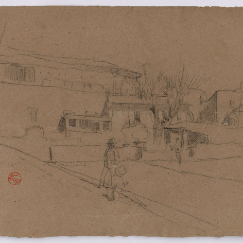 image for: Marià Fortuny - Població amb figures (anvers) / Esbós de figura masculina davant d&#039;una porta (revers) - Cap a 1863-1866