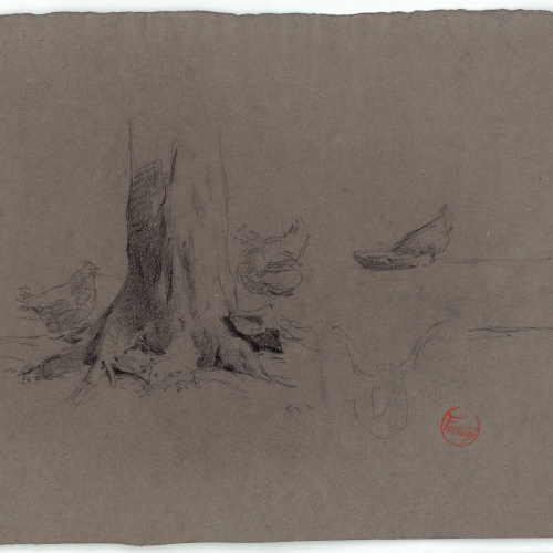 image for: Marià Fortuny - Gallines entorn un tronc d&#039;arbre (anvers) / Gallines i figures masculines (revers) - Cap a 1870