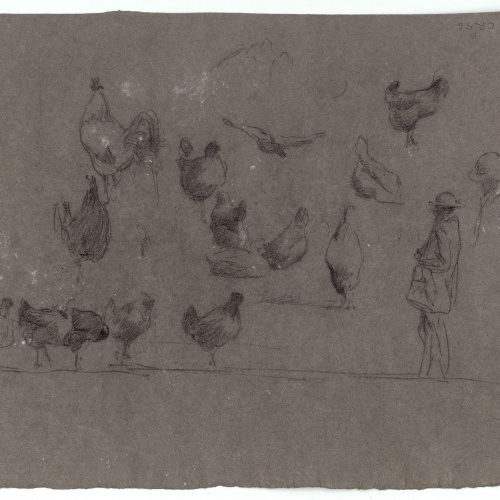 image for: Marià Fortuny - Gallines entorn un tronc d&#039;arbre (anvers) / Gallines i figures masculines (revers) - Cap a 1870 [1]