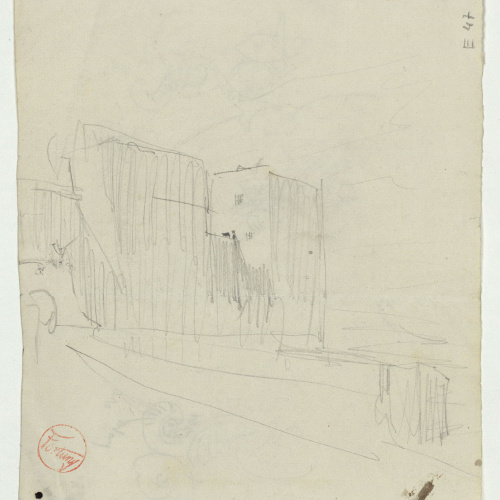 image for: Marià Fortuny - Detalls de motius ornamentals (anvers) / Croquis d&#039;edifici (revers) - Cap a 1860-1862 [1]
