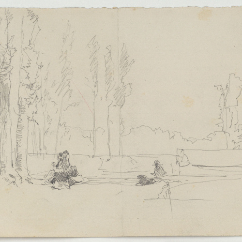 image for: Marià Fortuny - Figures en un bosc (anvers) / Carrer amb figures femenines (revers) - Cap a 1867-1872