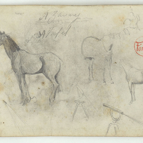 image for: Marià Fortuny - Cavalls i telescopi (anvers) / Arbres (revers) - Cap a 1860