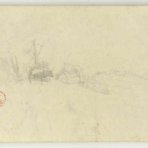 image for: Marià Fortuny - Bou i cavall al camp (anvers) / Croquis de portes d&#039;edificis d&#039;estil musulmà (revers) - Cap a 1860-1862