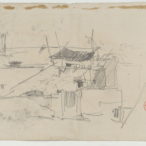 image for: Marià Fortuny - Vista d&#039;un poblat (anvers) / Croquis d&#039;un poblat (revers) - Cap a 1870-1874