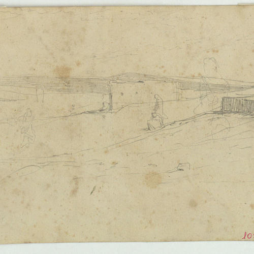 image for: Marià Fortuny - Paisatge marroquí amb figures (anvers) / Mules (revers) - Cap a 1860-1862
