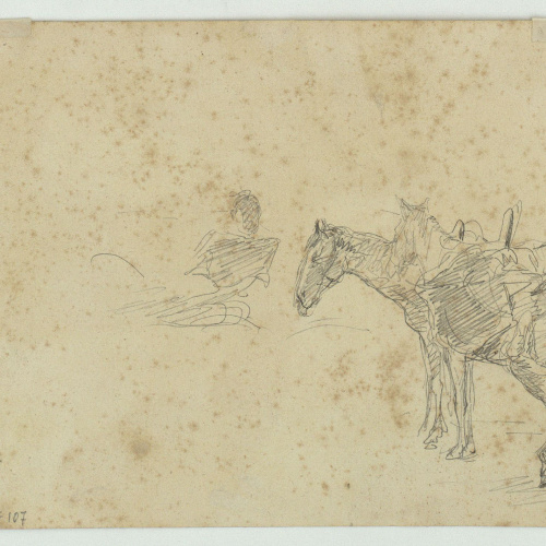 image for: Marià Fortuny - Paisatge marroquí amb figures (anvers) / Mules (revers) - Cap a 1860-1862 [1]
