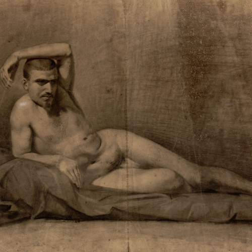 image for: Marià Fortuny - Estudi acadèmic de nu masculí (anvers) / Figures assegudes en un banc (revers) - Cap a 1858-1860