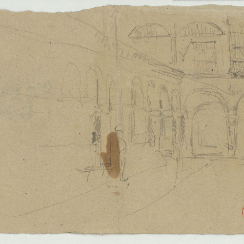 image for: Marià Fortuny - Esbós d&#039;una plaça porxada (anvers) / Esbós de figures (revers) - Cap a 1866-1872