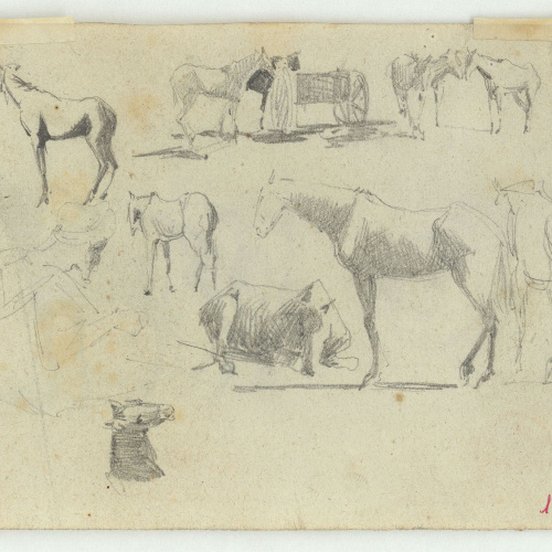 image for: Marià Fortuny - Cavalls i esbós de marroquí (anvers) / Timbal i cavalls (revers) - Cap a 1860-1862