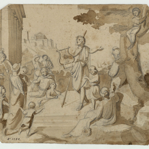image for: Marià Fortuny - Homer recitant poemes (anvers) / Croquis de figures (revers) - Cap a 1855-1856