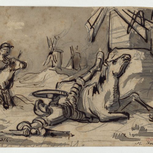 image for: Marià Fortuny - L&#039;aventura del Quixot amb els molins de vent (anvers) / Estudi de figures (revers) - Cap a 1855-1856
