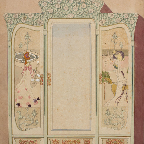 image for: Gaspar Homar - Armari amb plafons de marqueteria i mirall (anvers) / Apunt d&#039;armari (revers) - Cap a 1903
