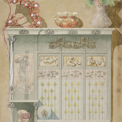 image for: Gaspar Homar - Escó amb plafó de marqueteria amb sant Miquel arcàngel portant l&#039;escut de sant Jordi - Cap a 1900