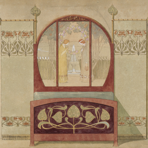 image for: Gaspar Homar - Llit amb plafó de marqueteria - Cap a 1900